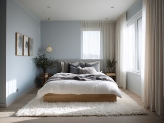 A cozy bedroom with a light and airy feel.