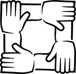 Four joined hands in outline vector style, symbolizing collaboration or unity, transparent background.