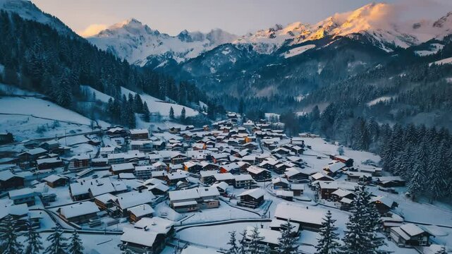 calm snowy village in the valley under clear blue sky with snow-covered houses and mountain backdrop on a cold winter day