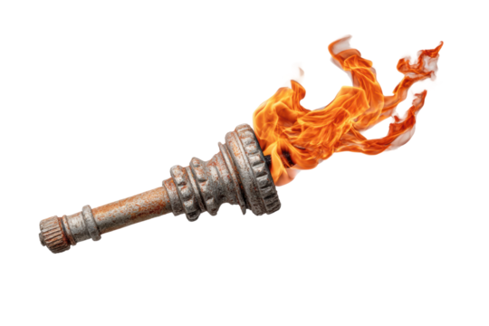 PNG Ancient rusty torch with flames and weathered metal texture - Powered by Adobe