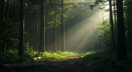 Naklejka premium Sun Rays Shining Through Tall Trees on Forest Path