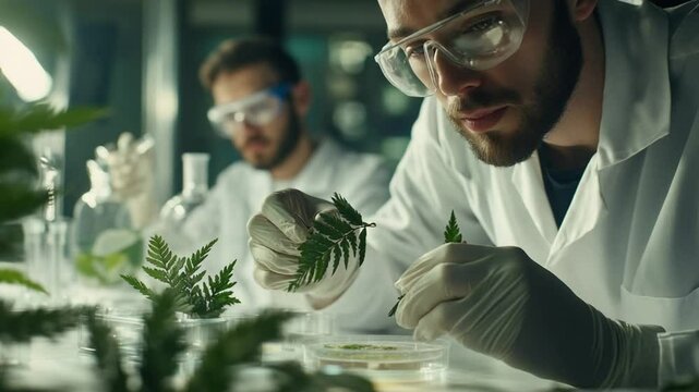 Scientists in Lab Coats Conducting Botany Research on Ferns and Plant Lifeforms