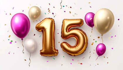 Golden Number 15 Balloons, Festive Balloons, Confetti, and Serpentine Ribbons On White Background