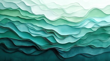 Soothing waves of teal and emerald creating a calming ocean landscape evoking tranquility and peace with layered paper