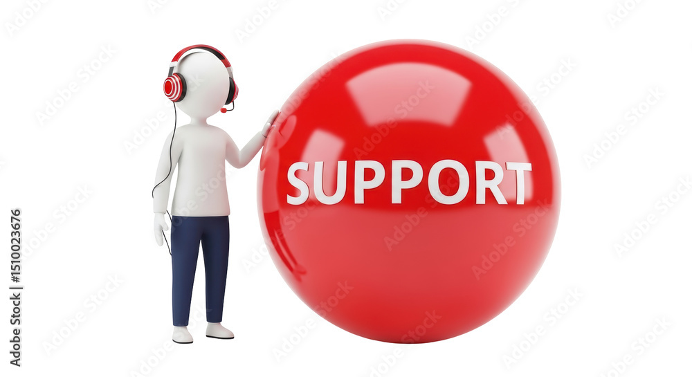 Poster isolated 3d stick figure support agent with headset and red sphere