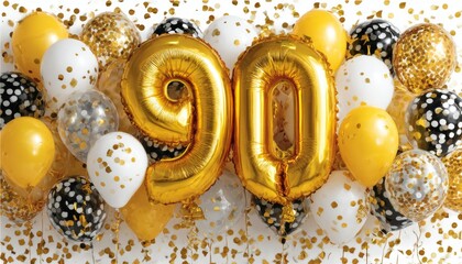 Golden Number 90 Balloons With Festive Balloons and Confetti For Ninetieth Birthday Celebration