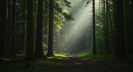 Fototapeta premium Walking Path Through Forest with Sunlight Streaming Through Trees