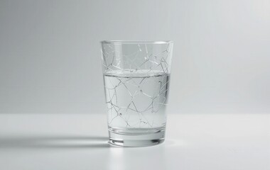A clear glass filled with refreshing water with a unique cracked ice pattern stands elegantly against a plain white background in a studio setting perfectly.
