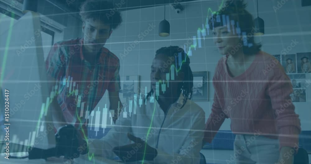 Poster pointing at camera controls, three colleagues reviewing prints integrating stock charts for insight