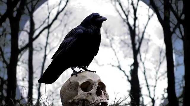 Raven perched on skull moonlit forest