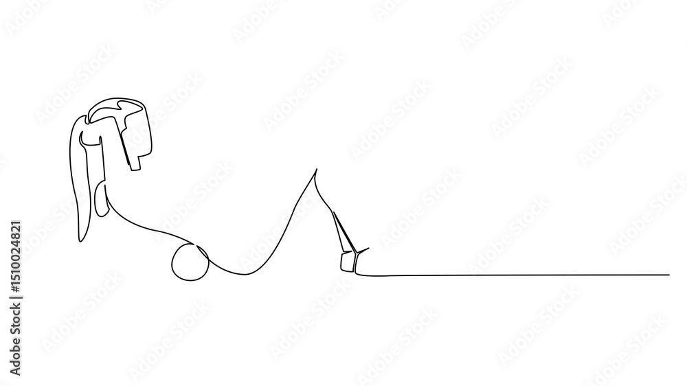 Poster animation of single one line drawing a woman exercising using a foam roller in sit up pose. relaxing