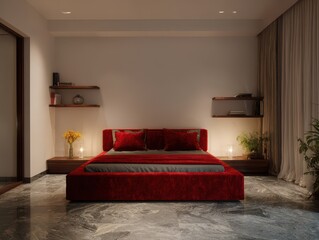 Red upholstered bed in a modern bedroom.
