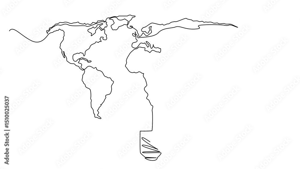 Poster self drawing animation of single one line drawing the bottom of the bulb with the world map on top. 
