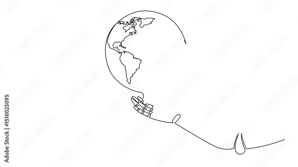 Poster animated self drawing of continuous one line drawing robot hand with globe on top. artificial intell