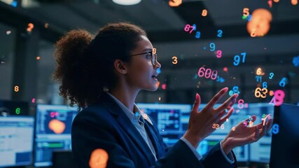 Businesswoman analyzing data in a modern office, surrounded by floating numbers and screens - Powered by Adobe