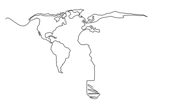 Self drawing animation of single one line drawing the bottom of the bulb with the world map on top. Simple technology that can light up the world. Bright. National Technology Day. Full length animated