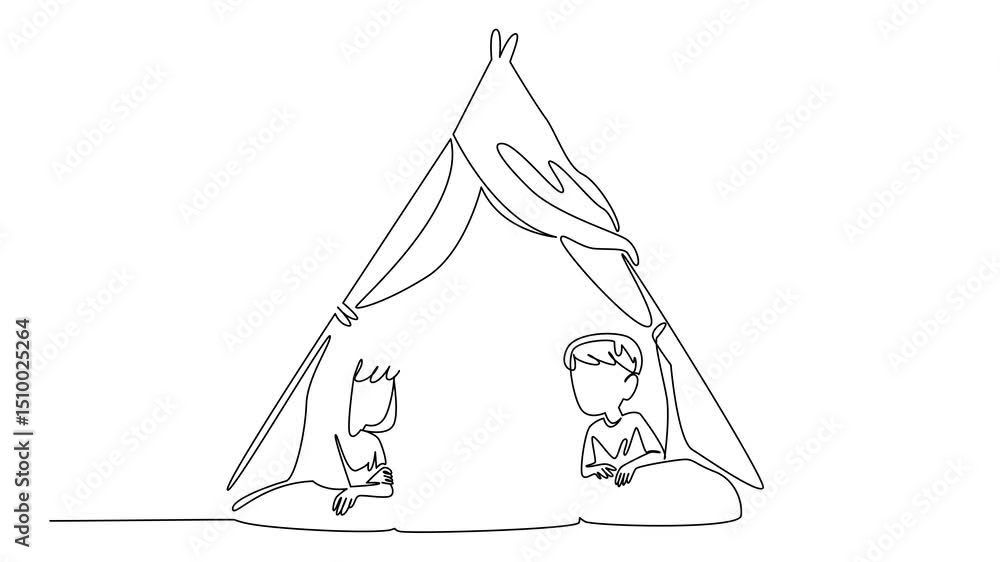 Poster animation of single continuous line drawing a babysitter lying down reading a book under a tent with