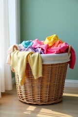 Oversized woven laundry basket overflowing with brightly colored clothes, ready for washing Perfect for home organization and cleaning themes Shot in natural light , colorful laundry, woven basket