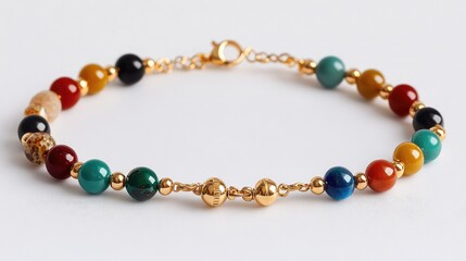 Obraz premium Charm bracelet with colorful gemstones placed in a curved line on a seamless white backdrop