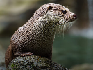 Portrait of Eurasian otter on stone