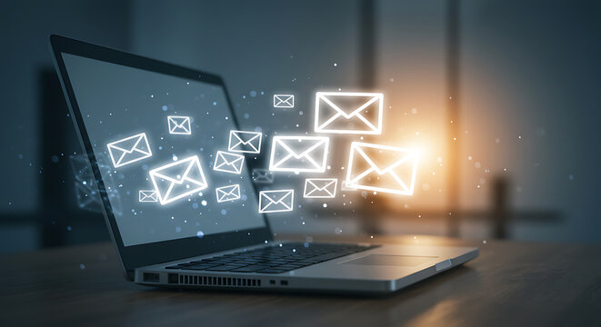 Digital Email Icons Floating from Laptop Screen - Online Communication Technology Concept - Powered by Adobe
