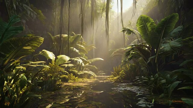 dense tropical jungle with morning sunlight shining through leaves, misty atmosphere and rich green plants