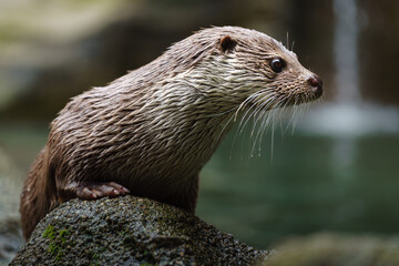 Portrait of Eurasian otter on stone