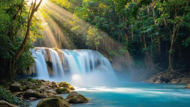 peaceful tropical waterfall flowing into a turquoise pool in green forest, sunlight passing through the trees