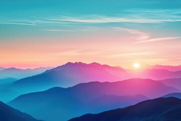Obraz premium Stunning pink and blue sunset illuminates mountain range, Pink and blue sunset over a mountain range
