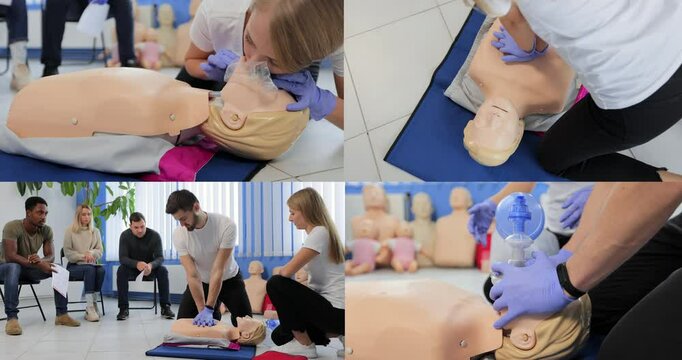 Multi-screen of instructor demonstrating CPR on mannequin at first aid training course.