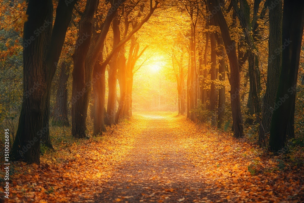 Poster sunlit path through autumn forest showcasing vibrant fallen leaves, sunlit autumn forest path with f