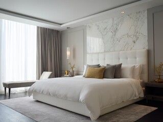 Luxurious bedroom interior with a large bed and marble headboard.