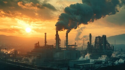An industrial landscape spewing smoke silhouetted against a vibrant polluted sunset an image reflecting climate anxiety