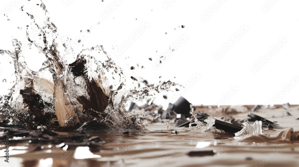 Poster dynamic shot of splashing water and debris against a clear background