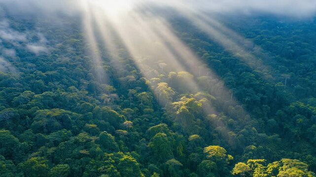 wide aerial view of tropical rainforest with sunrays breaking through clouds over dense green canopy