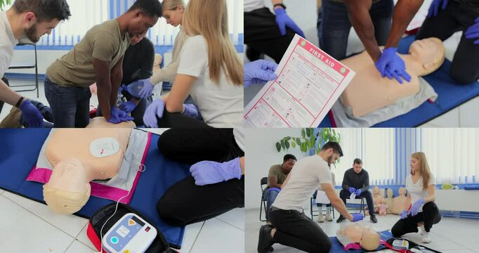 Multi-screen of male instructor teaching first Aid Cpr technique to his students.