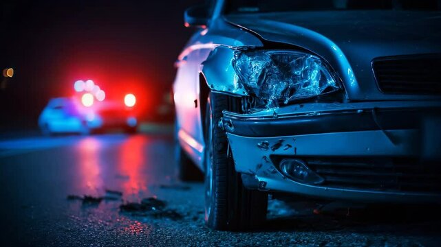 Nighttime accident scene with damaged vehicle front bumper and headlights, illuminated by red and blue police lights in the distance, concept of traffic incident and emergency response