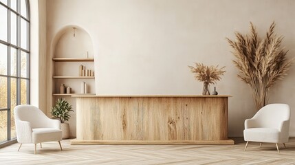 Reception counter featuring minimalist shelving and monochrome tones