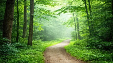 Fototapeta premium Serene forest pathway veiled in early morning fog, with tree trunks barely visible through the mist