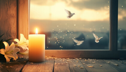 Peaceful candle memorial scene with white lilies and soft sunset light for funeral template use