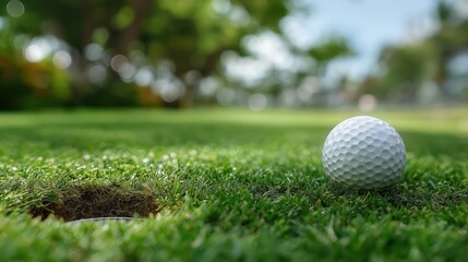 Obraz premium White Golf Ball Sitting Near Hole on Green Grass Sunny Outdoor Course