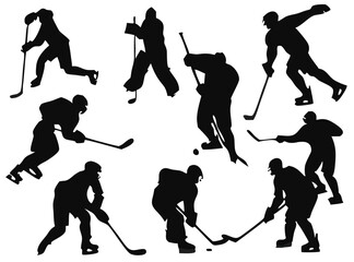 Ice Hockey Player Winter Sports Hockey Player Hockey Stickers Cut Files. Vintage Ice Hockey Player and Referee Vector Set &ndash; Black and White Sports Silhouettes and Illustrations.