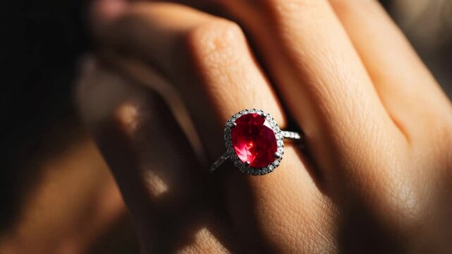 Elegant ruby ring shines with a red luster on her hand. The ruby stone highlights the luxury of the jewelry and highlights the beauty of the precious piece of jewelry.