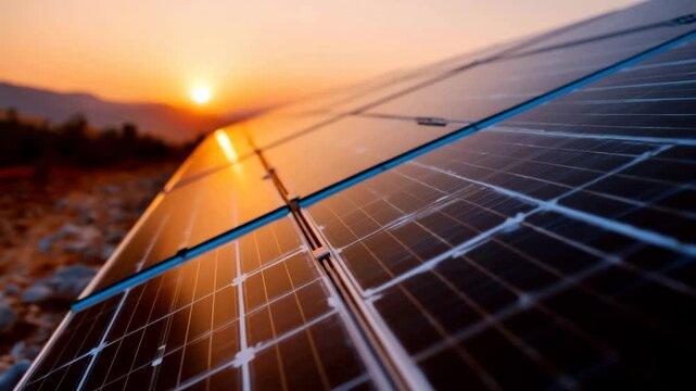 Solar panels catch the rays of the rising sun. The panels turn light into energy, emphasizing sustainable development and the prospect of environmentally friendly solar energy.