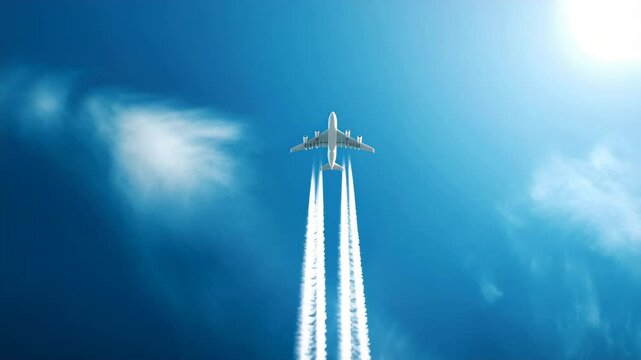 Passenger plane leaves a double contrail in a cloudless sky, an airplane in a blue sky, emphasizing flight speed and freedom of air travel