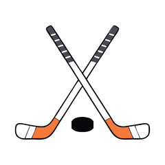 Crossed Hockey Sticks and Puck Icon Set – Black and Colorful Flat Design Illustrations for Ice Hockey, Winter Sports, and Team Logos. Hockey Stick Logo Vector Template Design. 