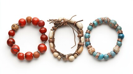 Trio of matching bracelets made from beads and wire laid neatly on a seamless white surface