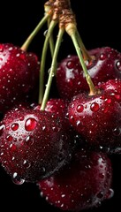 Close-Up of Fresh, Ripe Cherries with Water Droplets, Isolated on a Black Background.