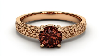Vintage-style ring with engraved band and gemstone displayed on seamless white background