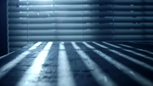 Window Blinds Cast Parallel Light And Shadows On Wood Texture Table Surface